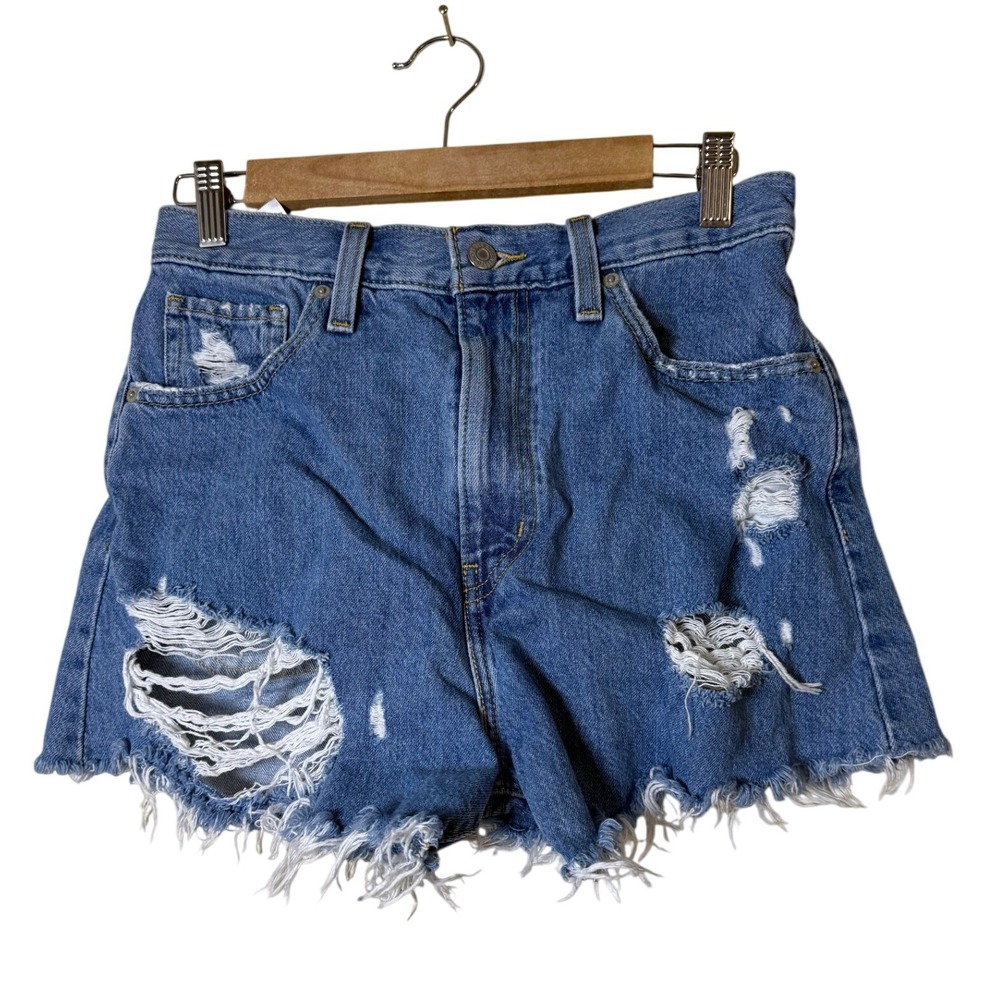 Levi's Women Denim Shorts 28‎ Blue Distressed High Waisted Mom Raw Hem Festival